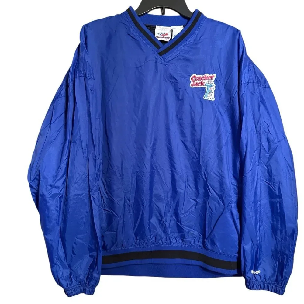 VINTAGE Rawlings Blue V-Neck Pullover with Cracker Jack Logo Patch Size XL